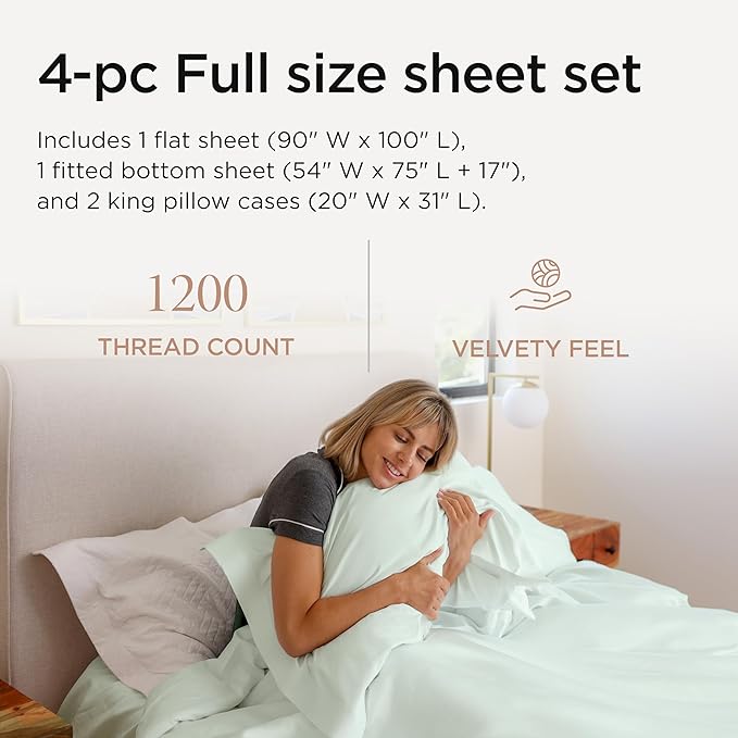 Threadmill Luxury Full Size Sheets for Full Size Mattress, 1200 Thread Count Supima Cotton Sheets for Full Mattress, 5-Star Hotel Quality 4 Piece Bed Sheets with Extra Deep Pocket, Seaglass
