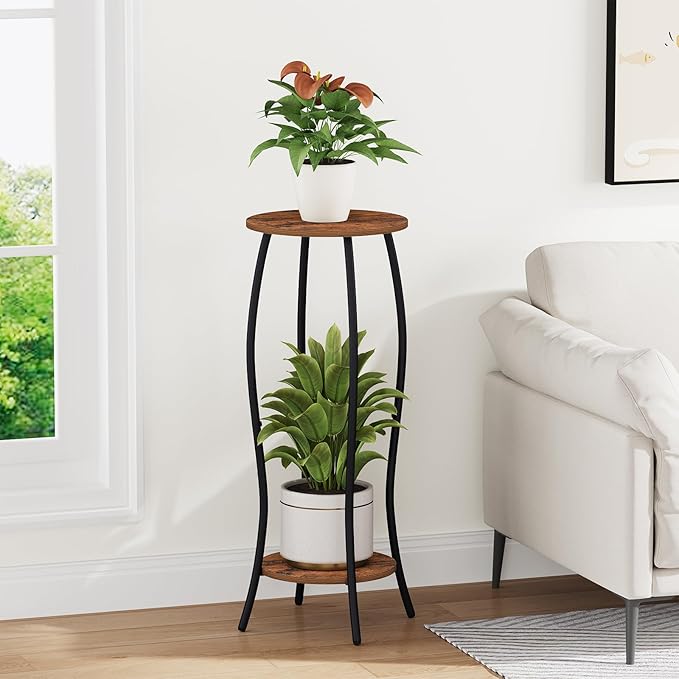 YINMIT Plant Stand Indoor, Tall Plant Stand, 2 Tier Plant Shelf Holder, Metal 4-Leg Corner Plant Stand for Indoor Plants, Wood Round Flower Stand for Living Room Balcony Garden, Retro