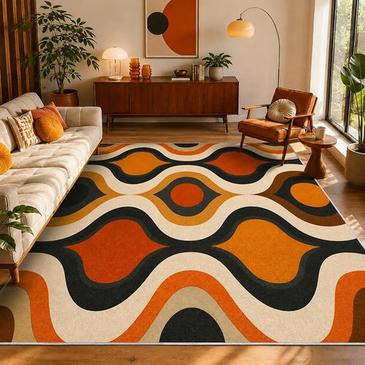 Retro Wave Area Rug 3x4, Mid-Century Modern Geometric Rug, Orange Brown Abstract Carpet for Living Room Bedroom, Soft Non-Slip Washable Rug