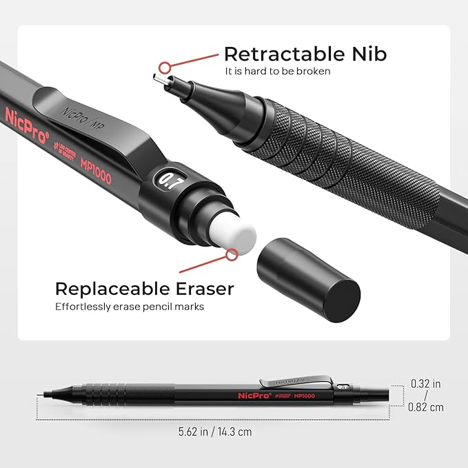 Nicpro 30PCS Black Metal Mechanical Pencil Set in Leather Case, Art Drafting Pencil 0.5, 0.7, 0.9 mm, 2mm Lead Pencil Holders for Sketching Drawing With 16 Tube (6B 4B 2B HB 2H 4H Colors)Lead Refills