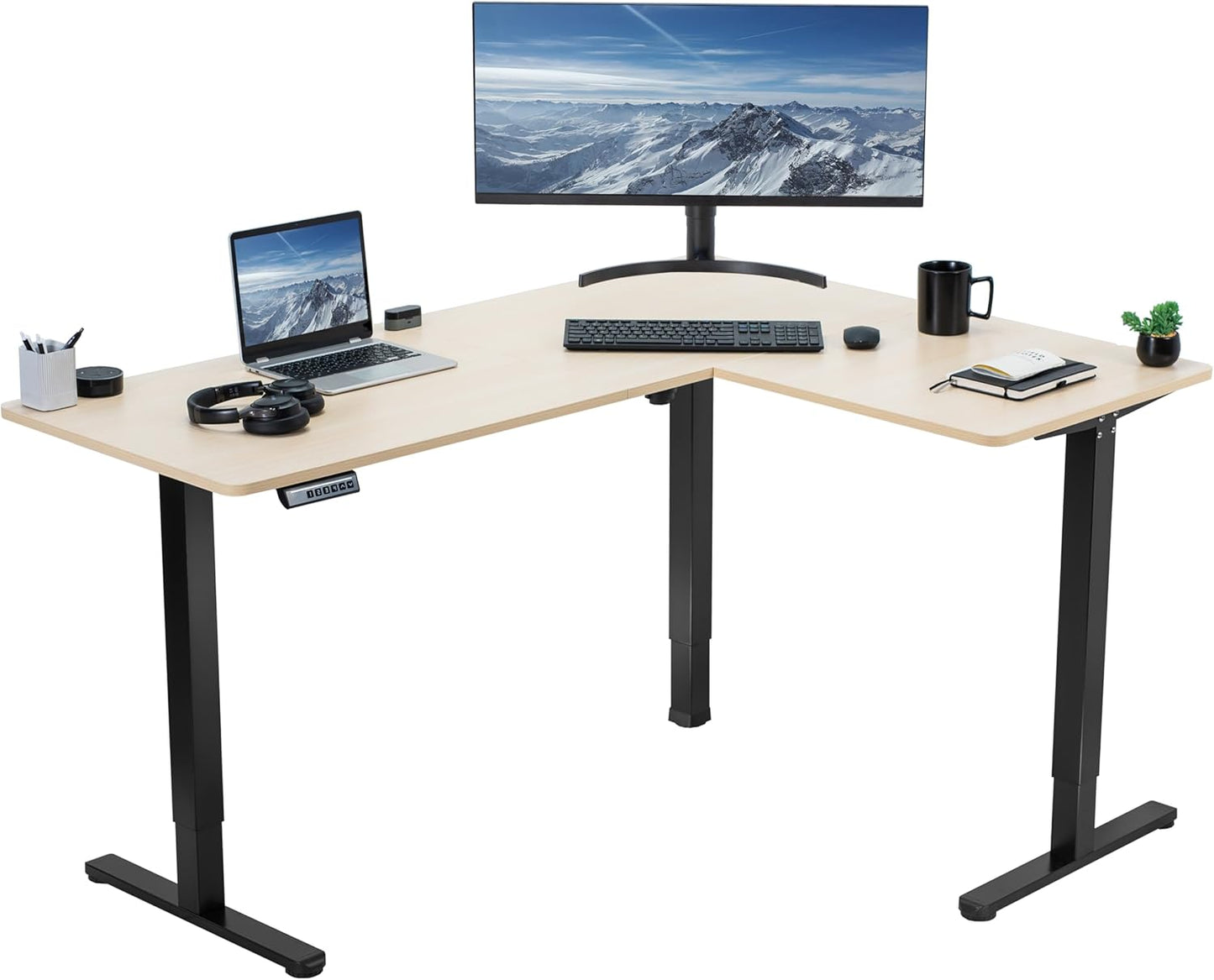 VIVO L-Shaped Corner Standing Desk - 63 x 47 Inch Electric Height Adjustable Workstation | Light Wood & Black Frame