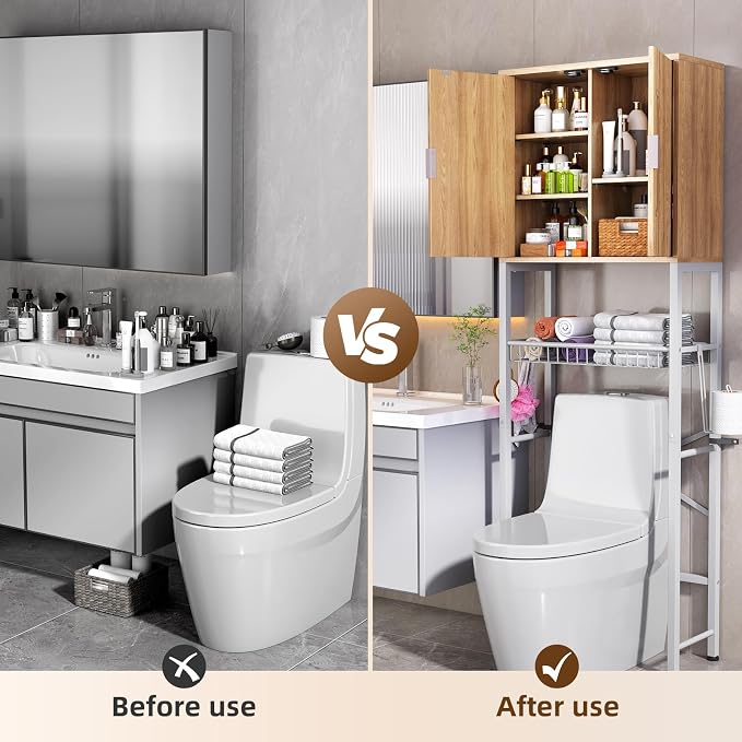 Kalrin Over The Toilet Storage Cabinet with Fluted Wave Doors and Adjustable Shelf, Wood Over Toilet Storage Rack with Drain Basket, Freestanding Bathroom Organizer for Balcony Laundry, Wood & White