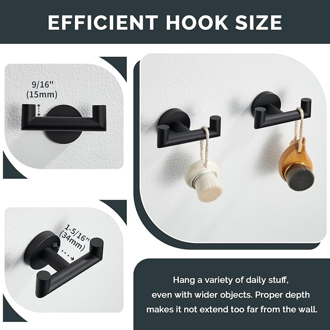 Angle Simple Double Towel Hook Matte Black 2 PCS, SUS304 Stainless Steel Bathroom Robe Hook, Hand Towel Holder for Wall