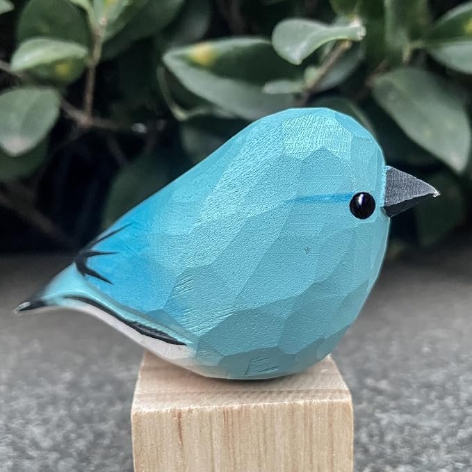 Hand Carved Painted Wooden Birds for Home Decor, Bird Statue for Lovers, Housewarming, Birthday, Christmas, Anniversaries (Blue Robins)