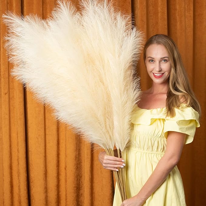 Faux Pampas Grass 6 Stems, Artificial Pampas Grass - 43 inch Total Extra Large Pompass Grass Tall Pompous Boho Flower Arrangement and Floor Vase Filler Home Decor for Room Wedding Party