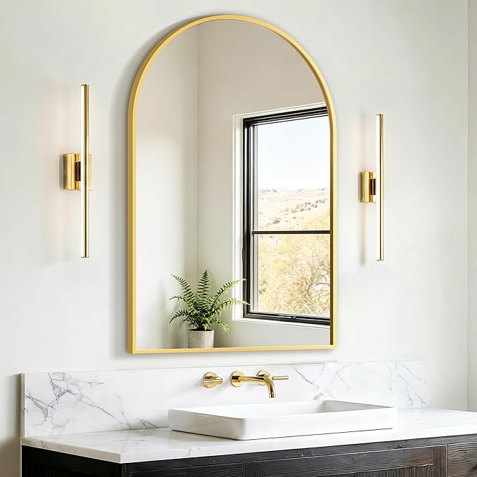 FICTOR Bathroom Mirror for Wall, Arched Vanity Bathroom Mirror for Over Sink, Metal Framed with HD Shatter-Proof Glass for Entryway, Living Room,Bedroom(24”x 36”, Gold)