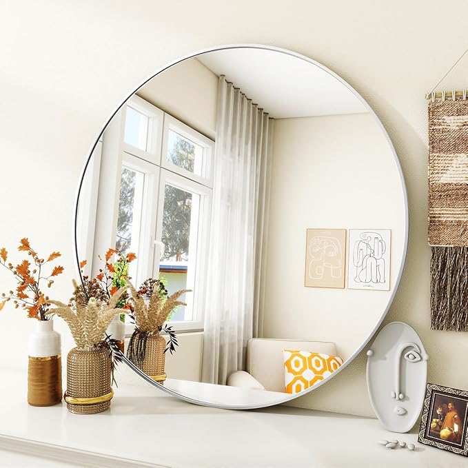 VooBang Silver Round Bathroom Mirror, 30 inch Circle Wall Mounted Hanging Mirror with Simple Modern Circular Metal Frame for Hallway, Entryway, Living Room, Silver Frame