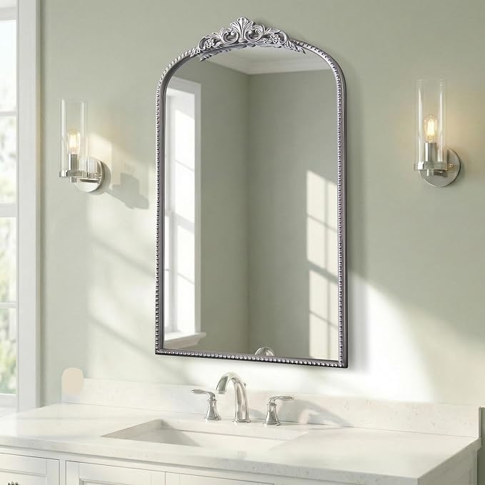 Micasso Vintage Arched Silver Mirror: 31"x19" French Baroque Antique Mirror - Traditional Ornate Decorative for Wall/Bathroom/Entryway/Fireplace/Hallway - Home Decor for Living Room