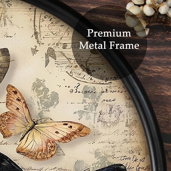 XIAOAIKA Round Vintage Wall Hanging Decor, Printed Textured Surface with Wood Back, Butterfly Design, Black Metal Frame, Ready to Hang for Living Room Bedroom, 10 Inch