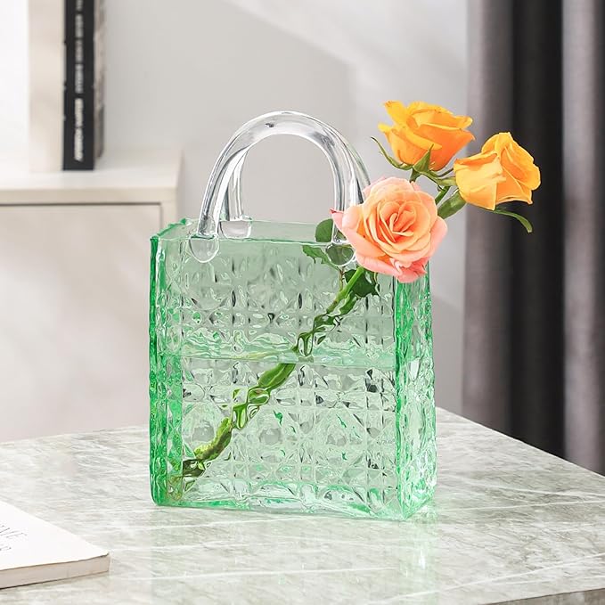 Purse Vase, Glass Bag Vase, Glass Purse Vase for Flowers, Green Vases, 12 Inch Large Flower Vases with Embossed Pattern for Wedding, Living Room, Bedroom, Table, Office(Tote)