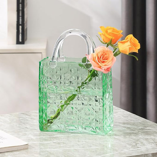 Purse Vase, Glass Bag Vase, Glass Purse Vase for Flowers, Green Vases, 12 Inch Large Flower Vases with Embossed Pattern for Wedding, Living Room, Bedroom, Table, Office(Tote)