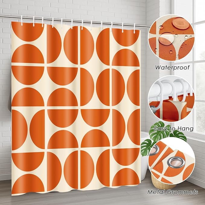 Orange Boho Mid Century Shower Curtain Set with Toilet Lid Cover and Non-Slip Rugs, Abstract Geometric Art 4 Pcs Modern Minimalist Vintage Shower Curtain for Bathroom Set with 12 Hooks