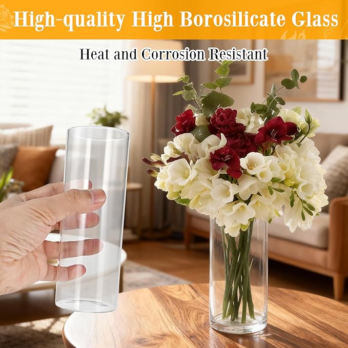 12 Pack 6.5" Tall x 2.4" Diameter Clear Glass Cylinder Vases-Flower Vases for Centerpieces, Hurricane & Floating Candle Holders for Weddings, Parties, Home Decor,Table Displays