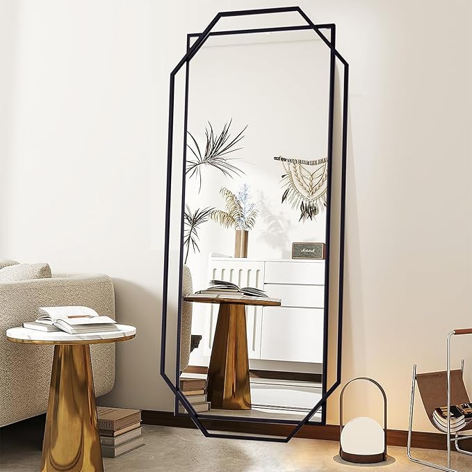 Black 60"x30.5" Full Length Wall Mirror, Large Bathroom Rectangular Mirror with Metal Modern Octagonal Frame, for Entryway,Living Room, Dining Room