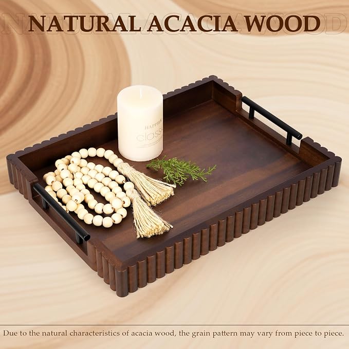Acacia Wood Decorative Serving Tray with Handles, 16.7" x 12.8" Large Wooden Ottoman Tray for Living Room, Coffee Table Tray Decor for Food, Dinner, Tea or Breakfast in Bed (Walnut)