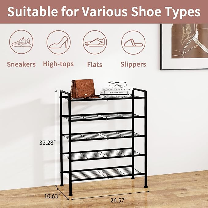 DongRong 5-Tier Shoe Rack,Metal Simple Shoe Storage Organizer Utility Shelf for Closet,Entryway, Bedroom,Small Spaces (Black, 5 Tier)