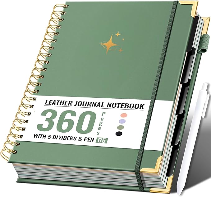 FLYING EAGLE Leather Spiral Notebooks for Work 5 Subject Notebook College Ruled with Dividers Pen, 360 Pages B5 Hardcover Lined Journals for Women Men Writing,Green