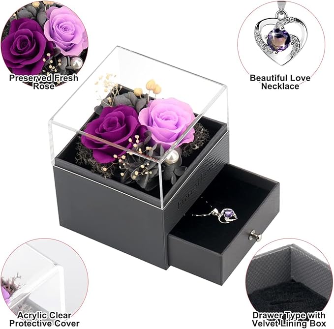 SHOKUTO Preserved Rose,Birthday Gifts for Women Mom Girlfriend,Gifts for Mom Grandma Wife Daughter Sister,Jewelry Boxes with Necklace