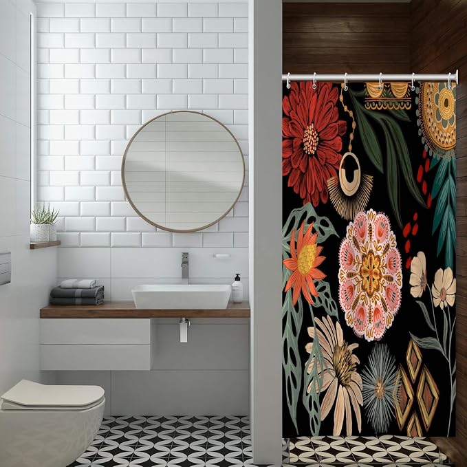 Black Boho Floral Shower Curtain Abstract Botanical Mid Century Modern Bathroom Decor Tropical Flower Shower Curtain with 10 Hooks,54x78 inches