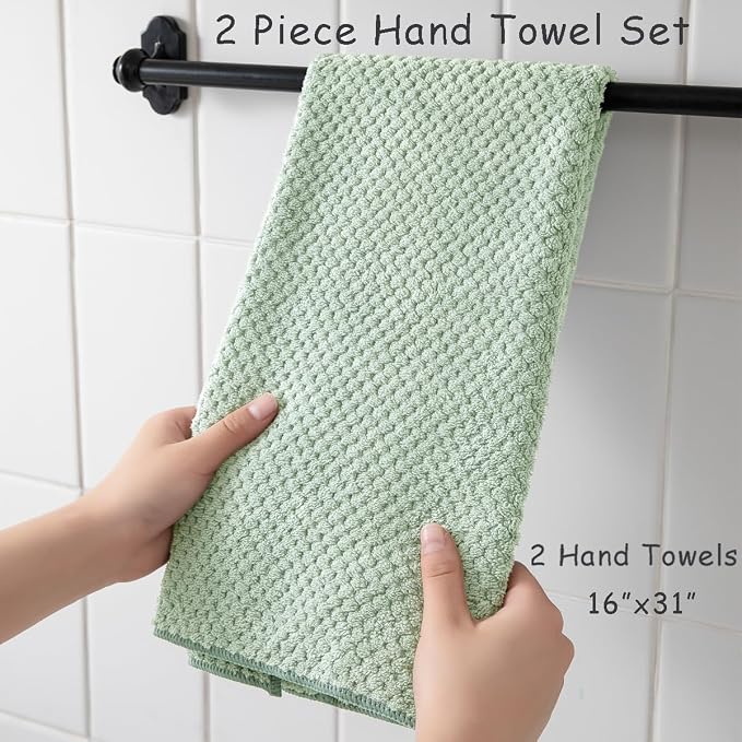 2 Pcs Green Hand Towel Set 16"x31" Soft Highly Absorbent Quick Dry Bathroom Towels Polyester Plush Towels Set Woven Towels for Bathroom Kitchen Hotel Spa Gym