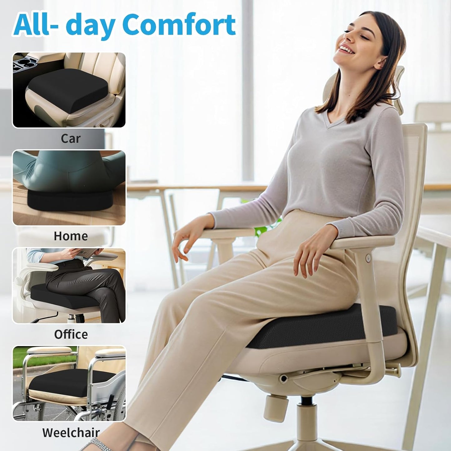 TranquilRelax Memory Foam Seat Cushion - Tailbone Pain Relief & Back Support | Black