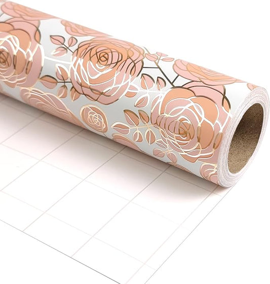 LDGOOAEL Mini Short Small Wrapping Paper Roll (17 Inches X 32.8 Feet) - Pink Rose with Metallic Foil for Holiday, Mothers Day, Birthday, Wedding, Baby Shower