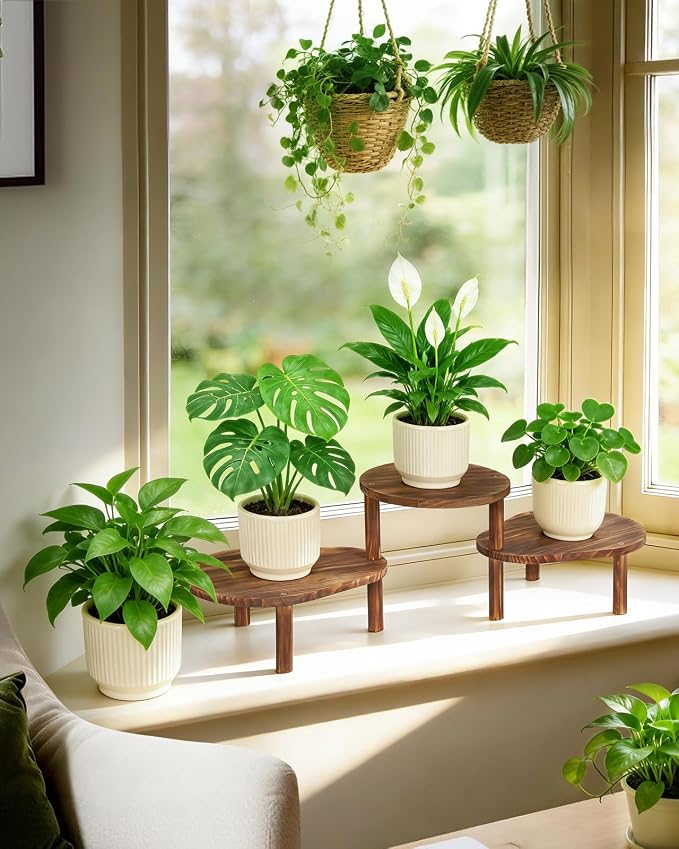 Convex Corner Plant Stand Indoor Outdoor, Wood Adjustable Plant Shelf, Long Flower Stand for Small Apartment Living Room Balcony, Carbonized Color