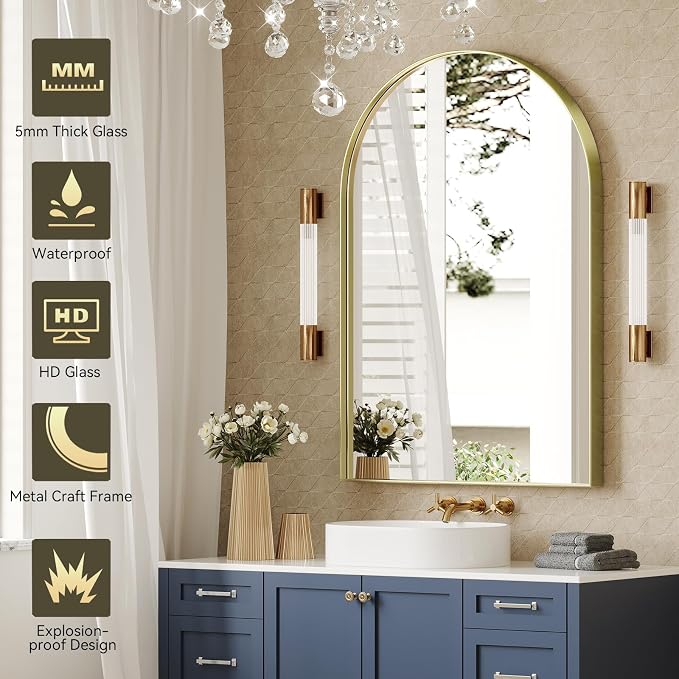 Brightify Gold Arched Mirror, 24 x 42 Inch Arched Bathroom Mirror, Brass Metal Frame Bathroom Mirror, Arch Top Wall Vanity Mirrors for Living Room Bedroom Mantel Entryway Hallways
