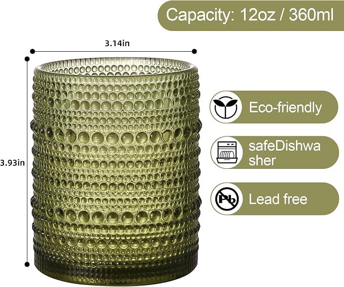 ZMOWIPDL Vintage Glassware Drinking Glasses Set of 6,12 oz Hobnail Glass Cups,Embossed Green Water Tumbler,for Beer,Cocktail,Whiskey,Juice and Various Mixed Drinks- 1 Cleaning Brush