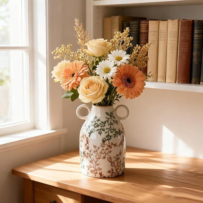 Rustic Green Ceramic Vase with Handle, Nordic Boho Small Vases Side Table Flower Centerpiece, Wide Mouth Single Flower Vase Pampas Grass Decorative - for Home Window Sill Living Dining Room Kitchen