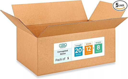 Large Shipping & Moving Boxes 20 x 12 x 8 inches (5-Pack) - Extra Strength 200 lb vs Regular - Corrugated Cardboard Boxes for USPS/UPS/FEDEX - Strong Large Box by IDL Packaging