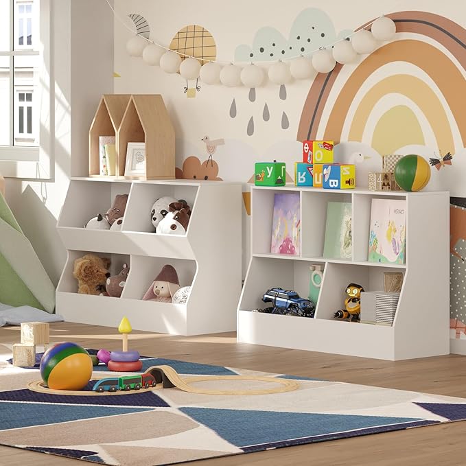DINZI LVJ Kids Bookshelf, Toy Storage Organizer, Wooden Toy Storage Cabinet, 4 Cubby Children Bookcase, 43.3" L Toddler Book Shelf for Bedroom, Nursery, Hallway, School, White