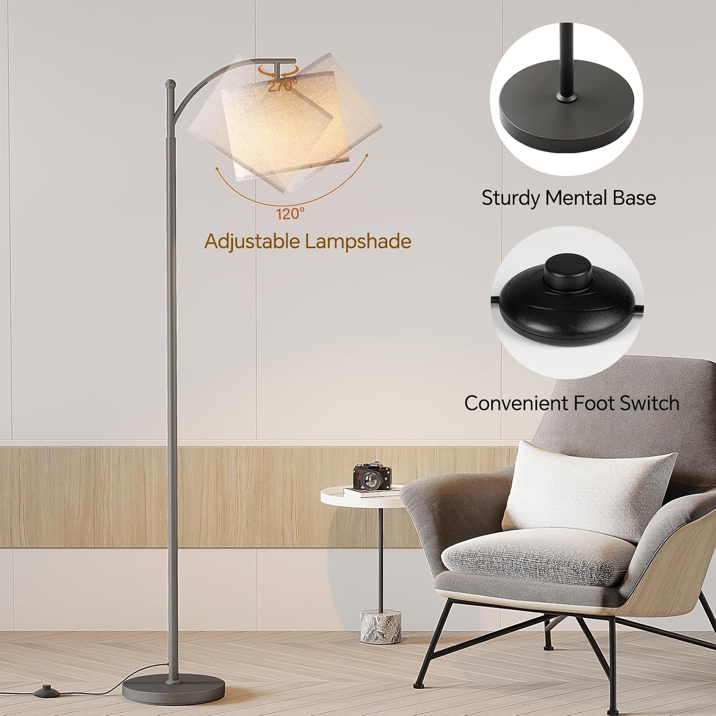SUNMORY Arc Floor Lamp - Modern Design with 9W Adjustable 3-Color Temperature Bulb | Tall Metal Standing Lamp for Living Room, Bedroom, Office
