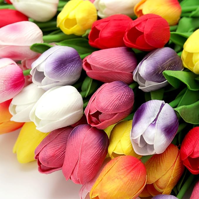 15PCS Artificial Tulips Flowers,Real Touch 14" Silk Fake Tulips,Bulk Fake Flowers,Faux Flowers,Artificial Flowers for Home Kitchen Office Dining Room Wedding Decorations (Colorful)