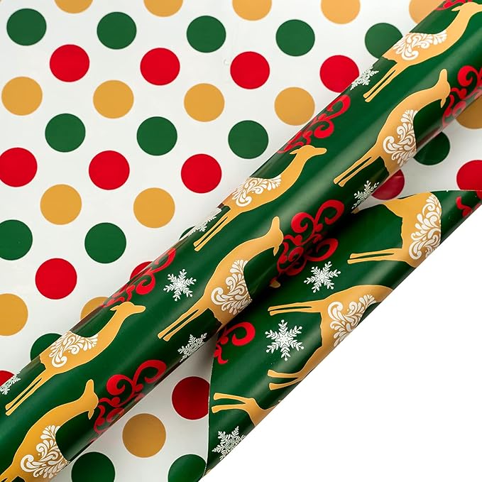 MAYPLUSS Christmas Reversible Wrapping Paper - Mini Roll - 17 Inch X 32.8 Feet - Gold Elk & Polka dots Pattern (47.3 sq.ft.ttl)