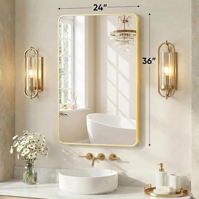 Sweetcrispy Bathroom Mirror for Over Sink, 24x36 Inch Wall Mount Mirror with a Rounded Rectangle and Matte Metal Frame, Modern Wall Vanity Mirrors for Home Decor, Living Room, Bedroom, Gold