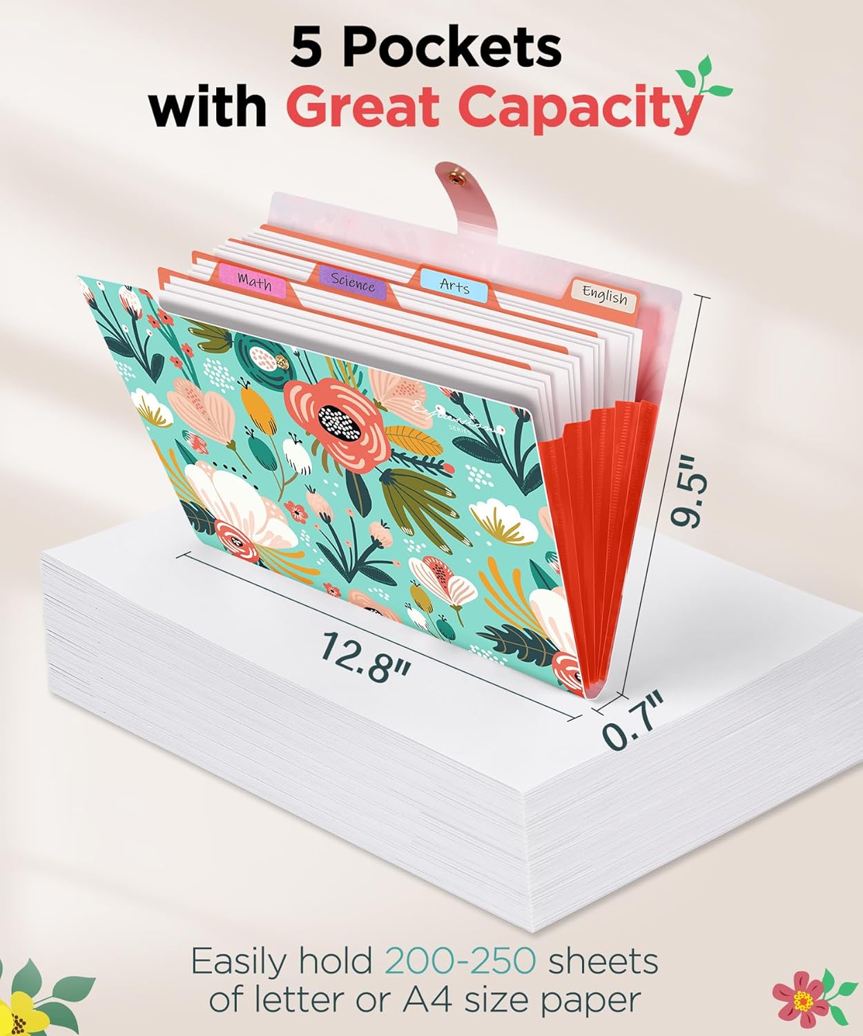 Sooez File Folders Organizer - 5 Pocket Accordion Design for Documents | Ideal for School & Office Use