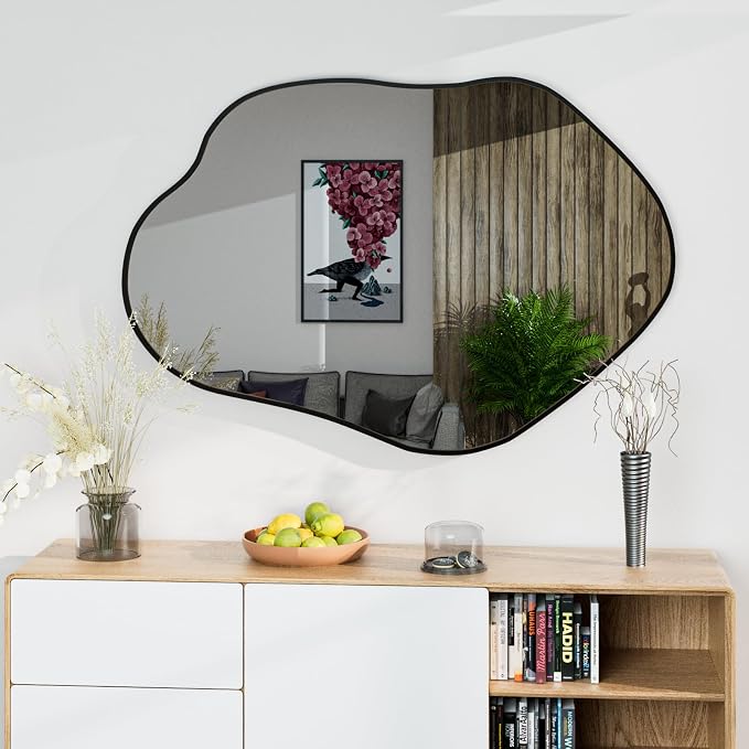 41"x28" Irregular Wall Mirror Cloud Asymmetrical Shaped Black Aluminum Alloy Framed Mirror for Living Room Bathroom Bedroom Entryway Fireplace