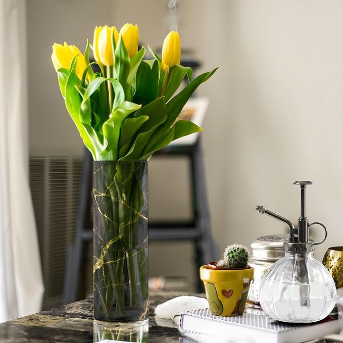 xmyzcd Gold Black Marble Vase Cylinder Vases Clear Plastic Flower Vase Easy to Clean for Centerpieces Homes, Offices, Kitchens