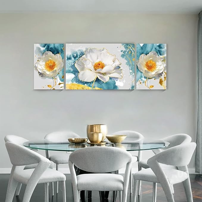 SERIMINO Peony Flower Canva Wall Art for Living Room, Modern White Blossom Artwork Blue Floral Picture Wall Decor for Bedroom Bathroom Kitchen Dining Room Prints Paintings for Home