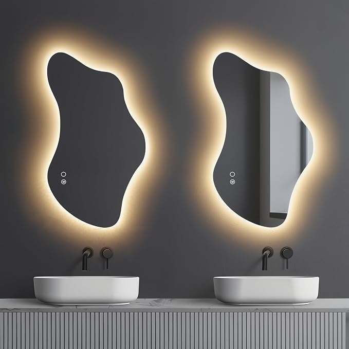 43.3″ Asymmetrical Bathroom Mirror with Lights, LED Irregular Wall Mirror, Abstract Modern Lighted Vanity Mirror for Wall, Anti-Fog, Dimmable, Horizontal/Vertical