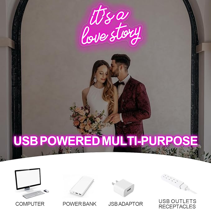 It's a Love Story Neon Signs for Wall Decor, Light Up Sign for Wedding, Engagement Decor,Dimmable Aesthetic Party Birthday Bedroom Bar Pub Club Wall Decor Decorations, Valentine's, Anniversary