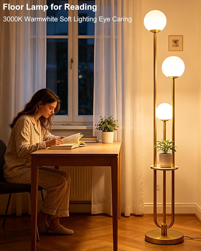63IN Dimmable Floor Lamp with Shelf, Unique Globe Gold Tall Standing Lamps, 3000K Warmwhite Mid Century Modern Floor Lamp with 5Lbs Heavy Base for Living Room Home Office(Bulbs Included)