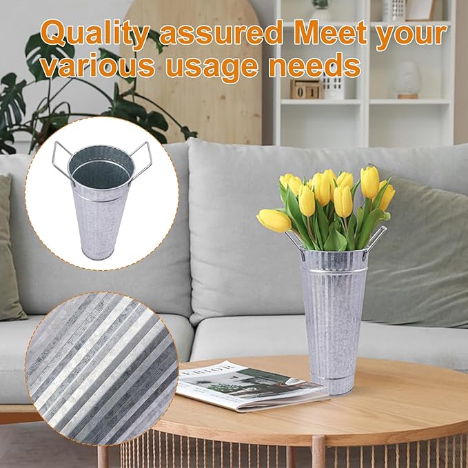 10 PCS 9 Inch Tall Galvanized Flower Buckets, Metal Flower Vase, Rustic Farmhouse French Flower Buckets with Handles for Wedding, Home Décor(Silver)