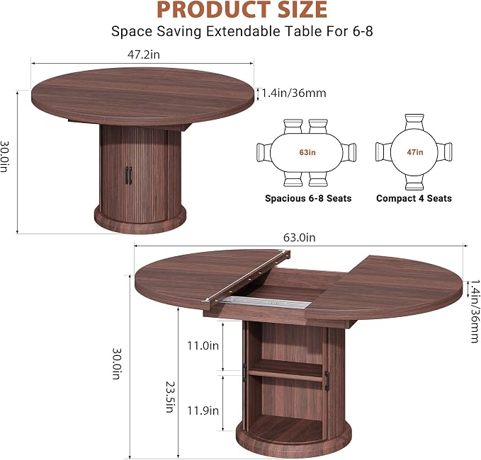Jocoevol 47″–63″ Extendable Round Dining Table for 4–8 with Dust-Proof 2-Tier Storage Shelf Space-Saving Expandable Dining Room Table Wood Oval Circle Dining Table with Pedestal Base (Walnut)