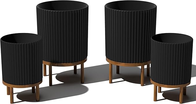 Veradek Demi Series Round Planter w/Stand for Porch/Patio | Durable Plastic-Stone Composite & Wooden Stand | Modern Décor for Tall Plants, Flowers