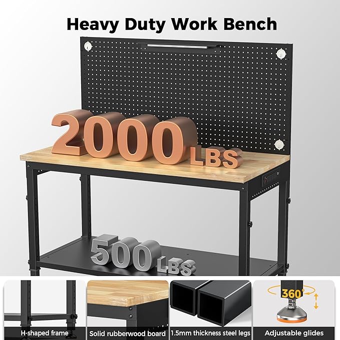 48" Heavy Duty Work Bench Adjustable Height Max Load 2000 LBS with Storage Shelf for Garage Workbench, Rubberwood Tabletop with Pegboard, LED Light, Built-in Power Strip for Woodworking Shop