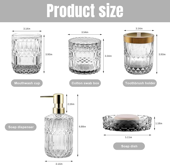 5Pcs White Bathroom Accessories Set, Glass Bathroom Accessories, Vintage Bathroom Countertop Decoration Includes Soap Dispenser, Toothbrush Holder, Qtip Holder,Soap Dish and Rinsing Cup