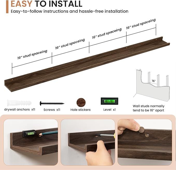 Dreamland Picture Ledge Shelf for Wall, Floating Shelves Set of 2,72 inch Long Floating Shelves with Lip for Living Room,Bedroom,Bathroom,Kitchen,Walnut