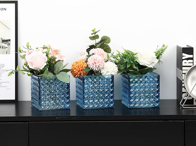 Square Vases Set of 6, 4" x 4" x 4" Square Glass Vases for Flowers, Blue Flower Vase for Centerpieces, Small Bubble Vase for Wedding, Party, Home, Office, Parties, Events